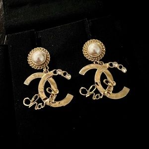 Chanel coco script CC drop earrings metal with faux pearls and crystals